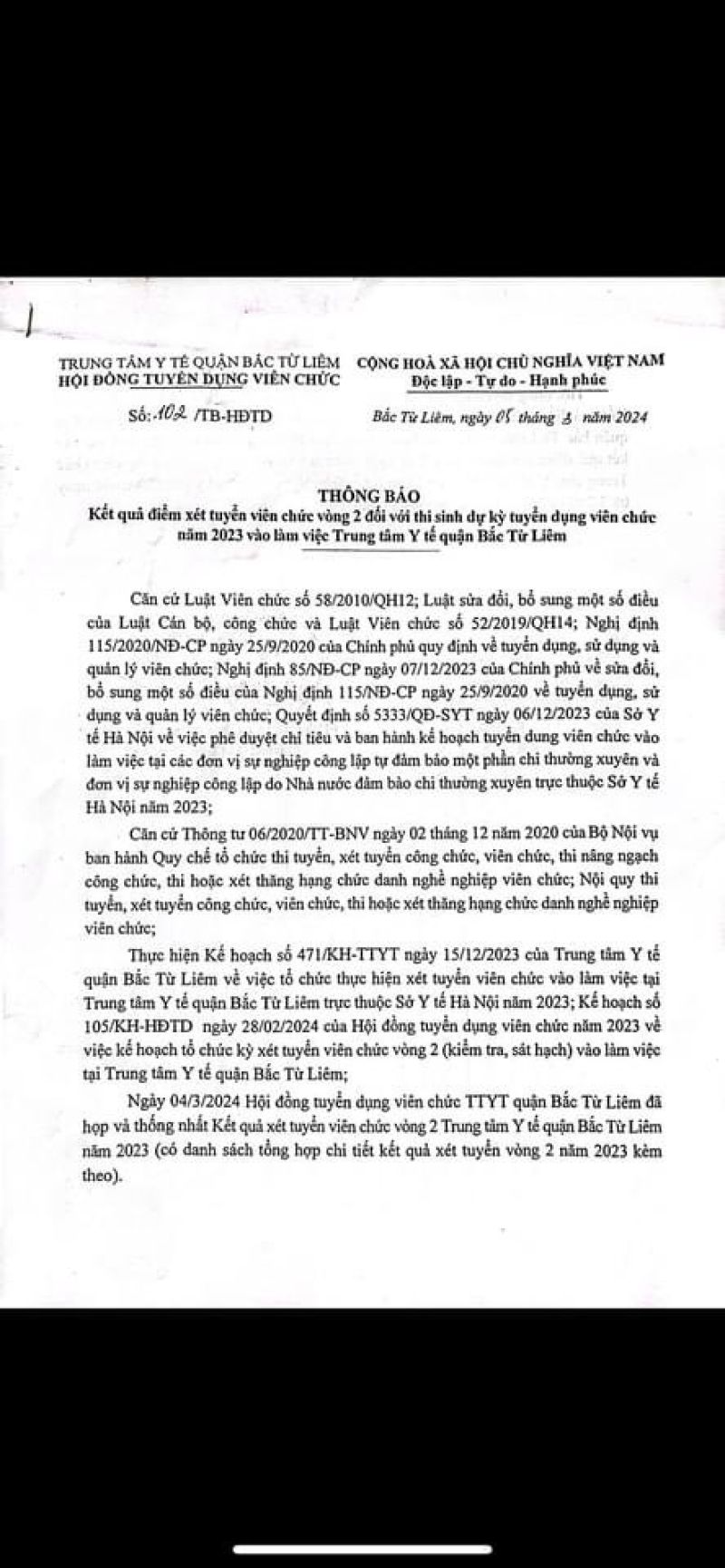 TRUNG TÂM Y TẾ QUẬN BẮC TỪ LIÊM THÔNG BÁO KẾT QUẢ XÉT TUYỂN VIÊN CHỨC VÒNG 2 ĐỐI VỚI THÍ SINH DỰ TUYỂN KỲ TUYỂN DỤNG VIÊN CHỨC NĂM 2023